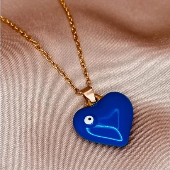 Blue Enameled Heart Turkish Evil Eye 🧿 Pendant Dainty Chain Necklace - Picture 2 of 6
